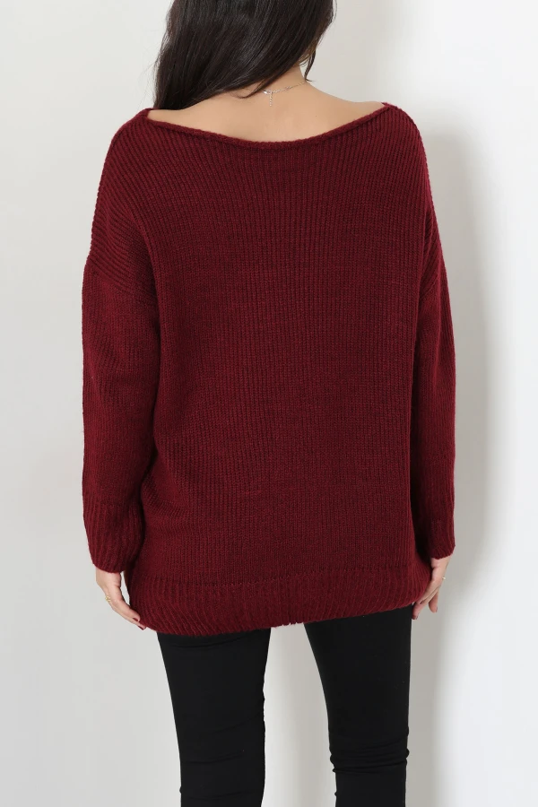 Kadın Bordo Düşük Kol Oversize Triko Kazak 8
