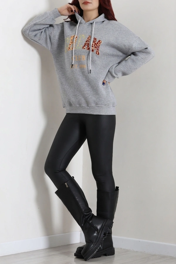 Kadın Gri Üç İplik Baskılı Kapüşonlu Sweat Tunik 6