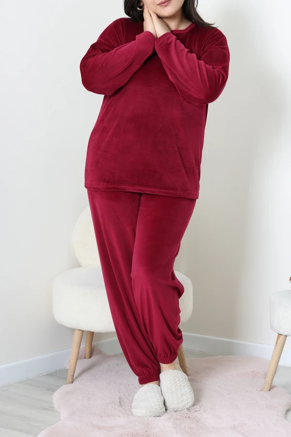 Fransız Kadife Büyük Beden Pijama Takımı Bordo 4