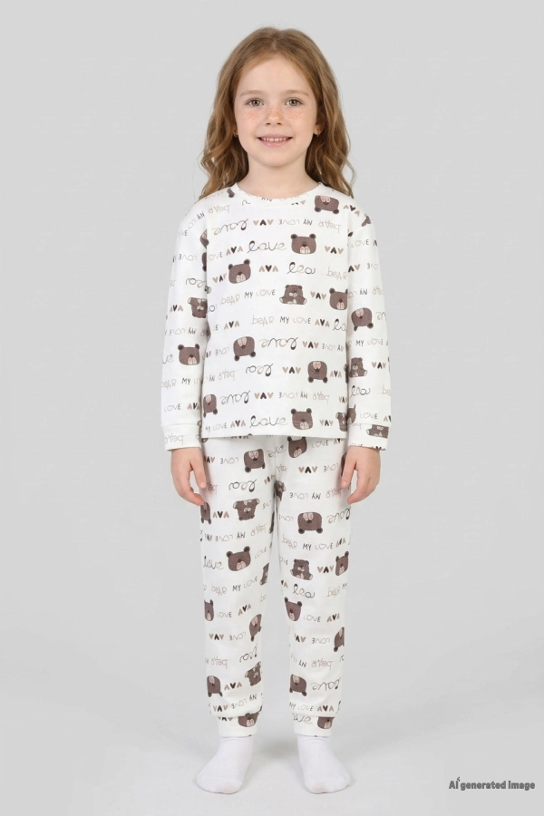 Çocuk Beyazkahve Desenli Pamuklu Rahat Kesim Pijama Takımı