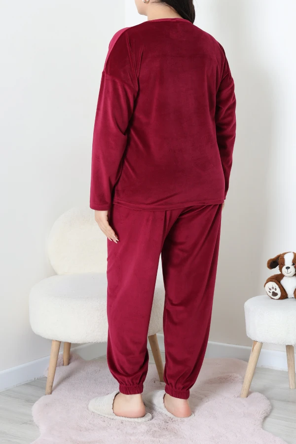 Fransız Kadife Büyük Beden Pijama Takımı Bordo 6