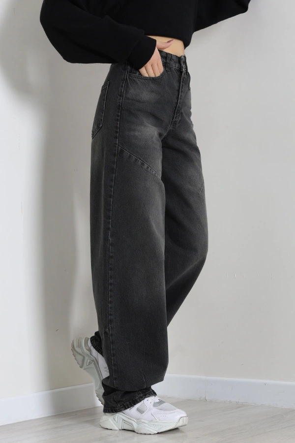 Kadın Füme Tokalı Baggy Fit Yüksek Bel Kot Pantolon 5