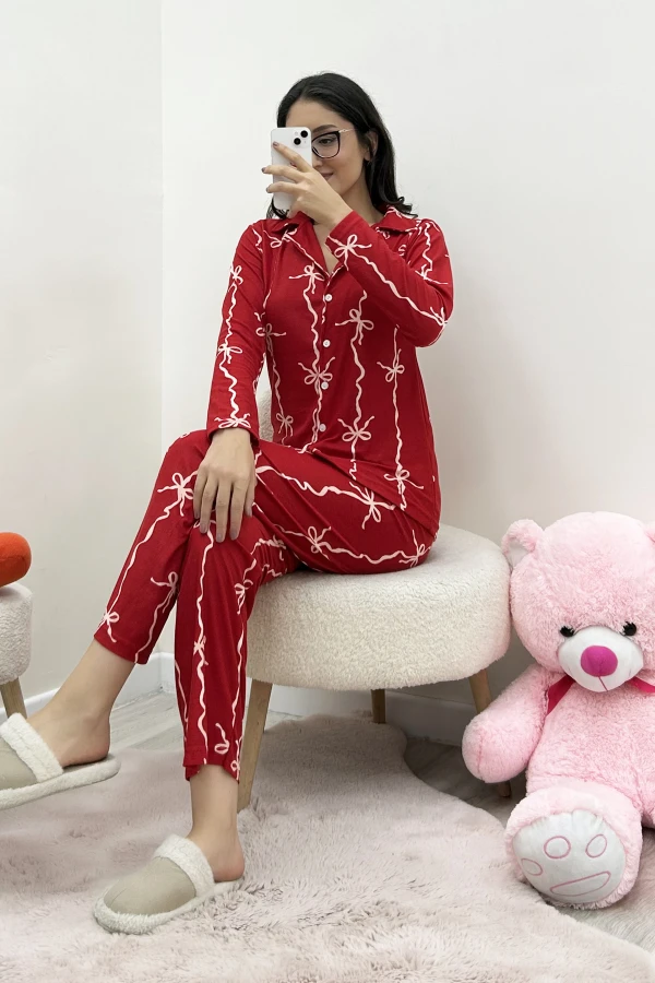 Süet Düğmeli Pijama Takımı Kırmızı 2