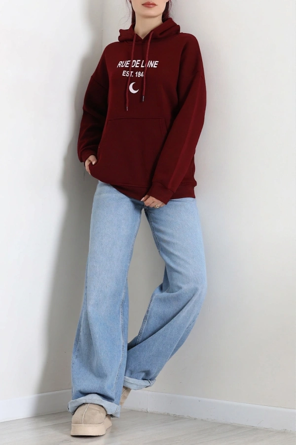 Kapşonlu Baskılı Sweat Bordo 2