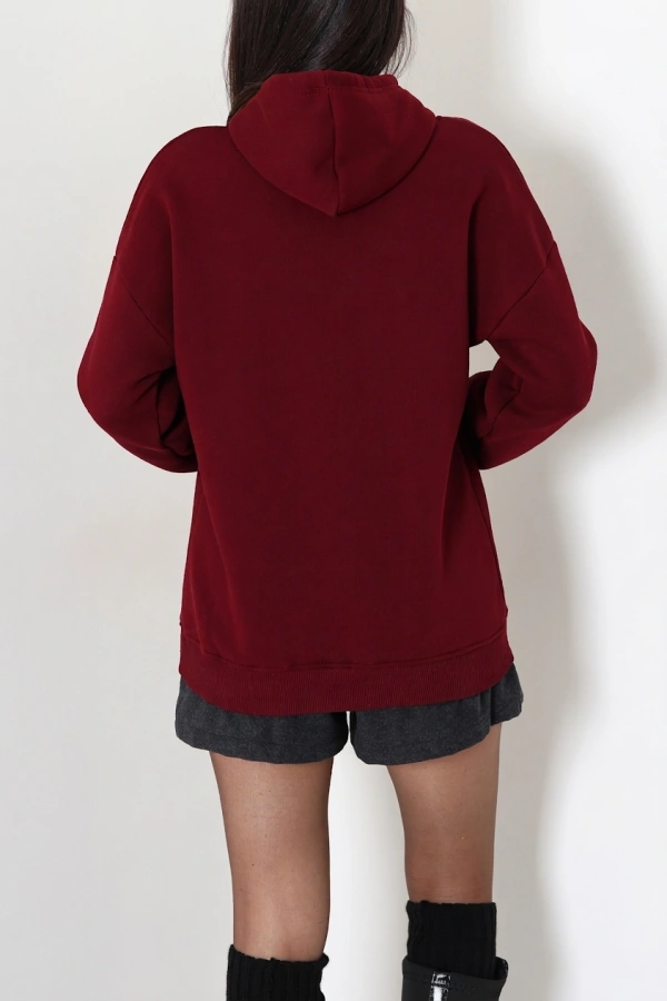 Kadın Bordo Üç İplik Kapüşonlu Nakışlı Sweatshirt 8