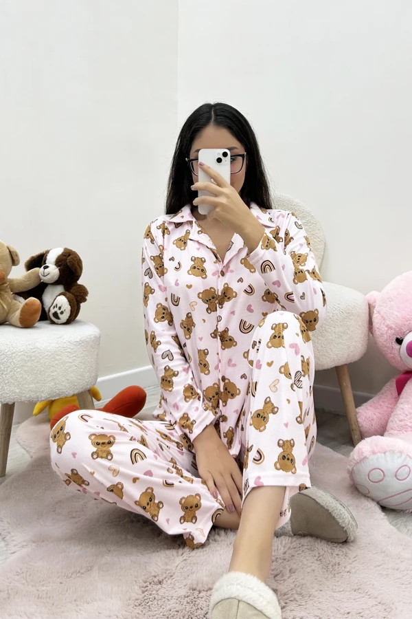 Süet Düğmeli Pijama Takımı Pembekahve 2