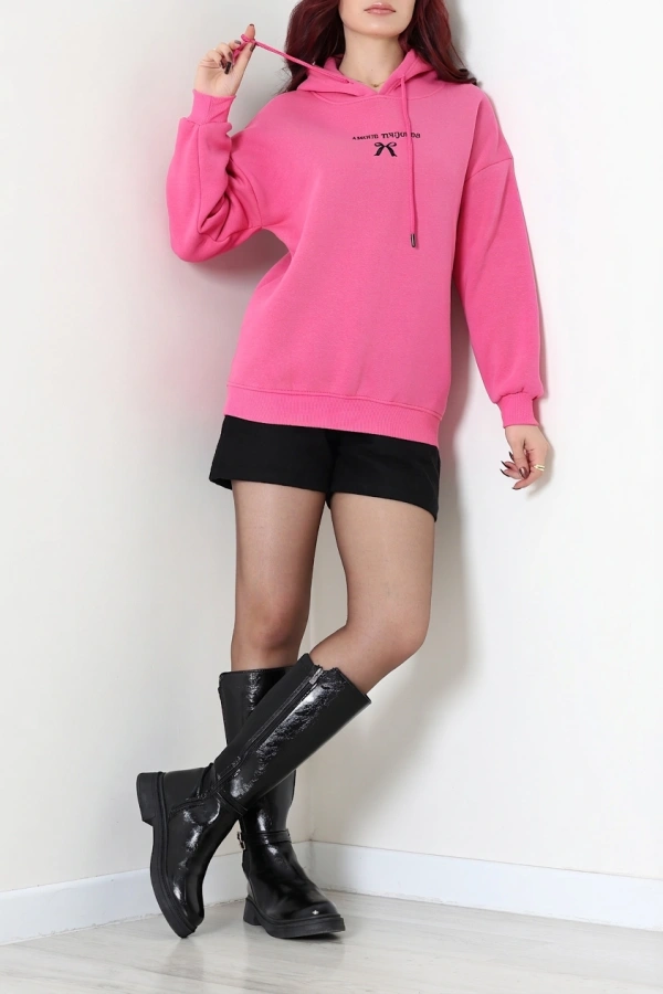 Kadın Pembe Üç İplik Kapüşonlu Nakışlı Sweat Tunik 6