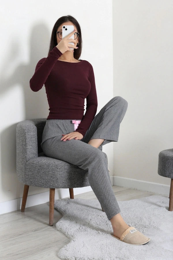 Kadın Füme Ribana Pijama Altı Rahat Kalıp Pamuklu 2