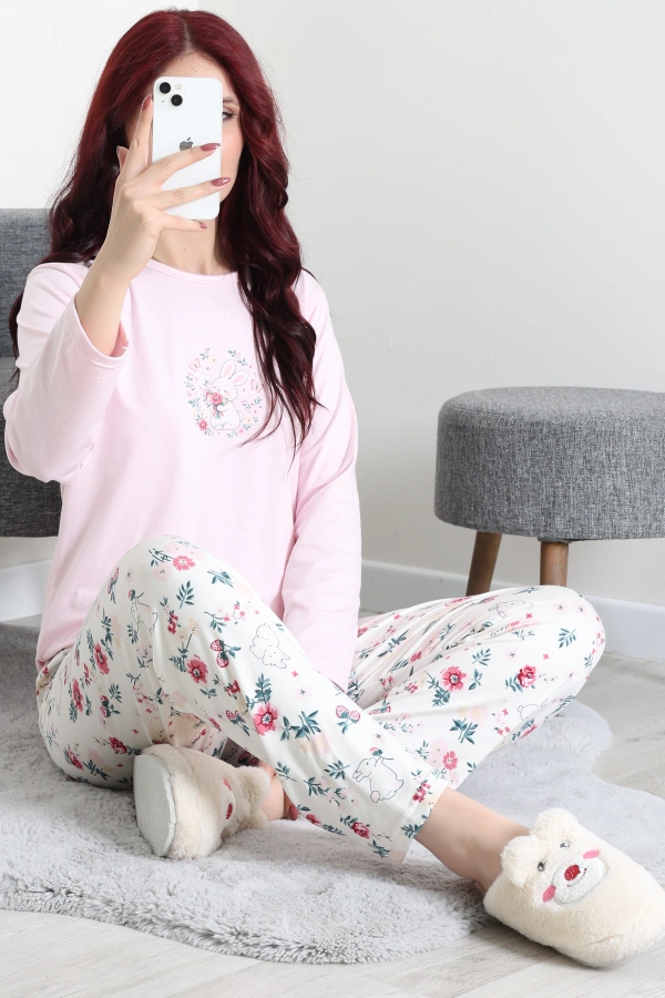 Kadın Pembe Şardonlu Milan Pijama Takımı Rahat Kalıp 3