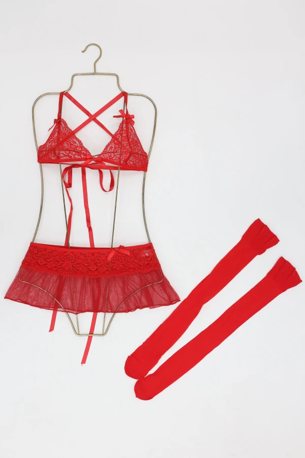 Seksi Dantelli Etekli Alt Üst Takım Kırmızı