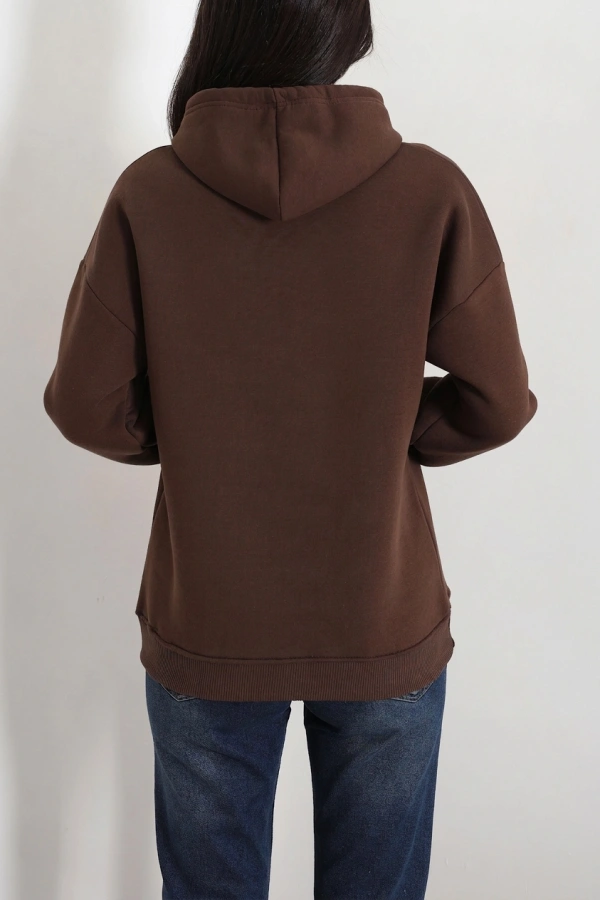Kadın Kahve Üç İplik Kapüşonlu Baskılı Oversize Sweat 8