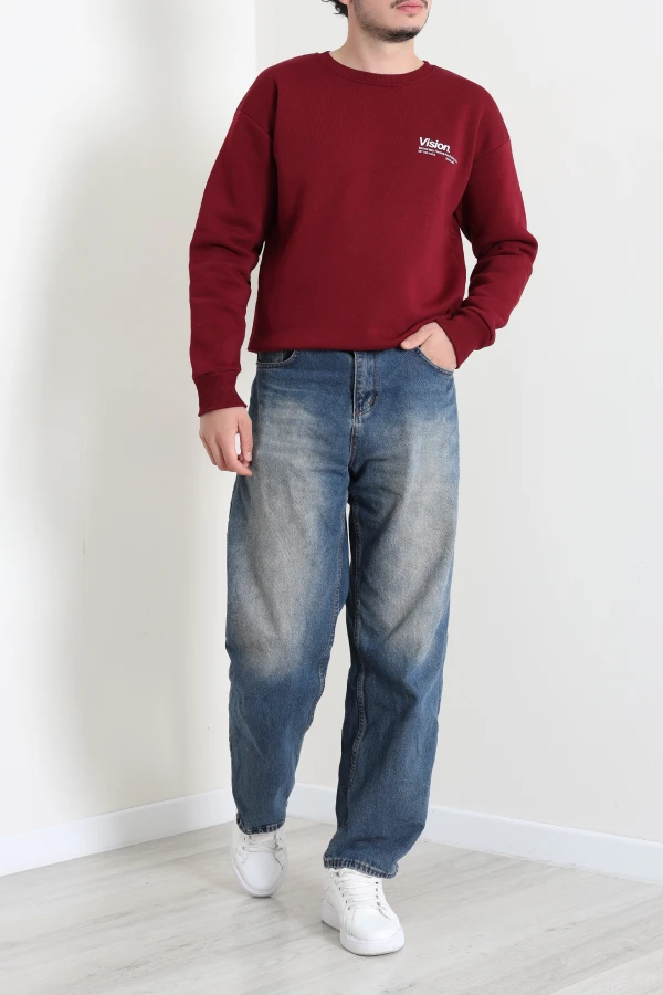 Bisiklet Yaka Baskılı Şardonlu 3 İplik Erkek Sweat Bordo 7
