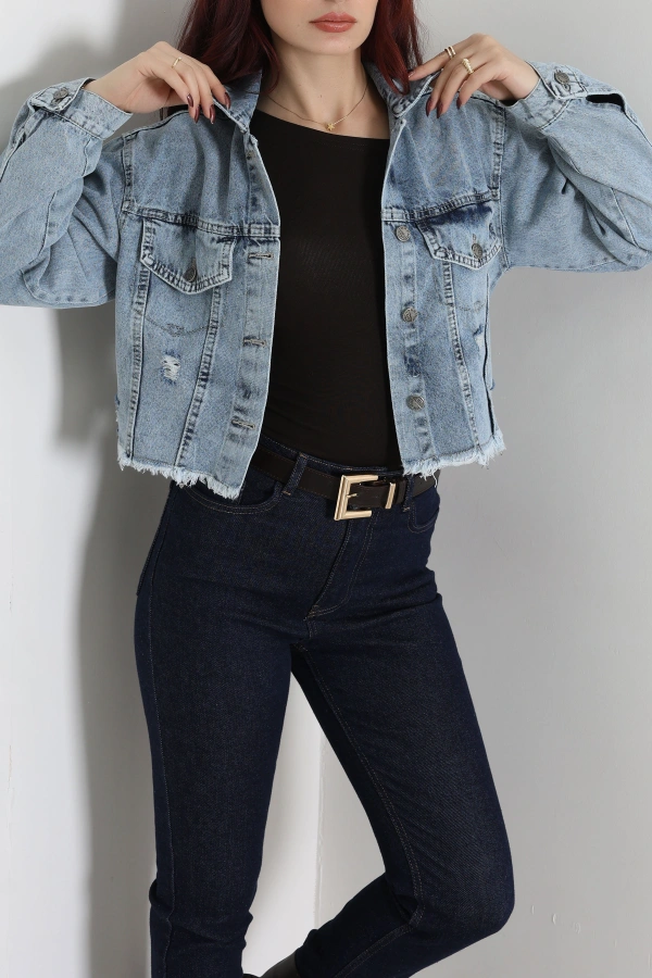 Kadın Buz Mavi Crop Kot Ceket Oversize Fitli 5