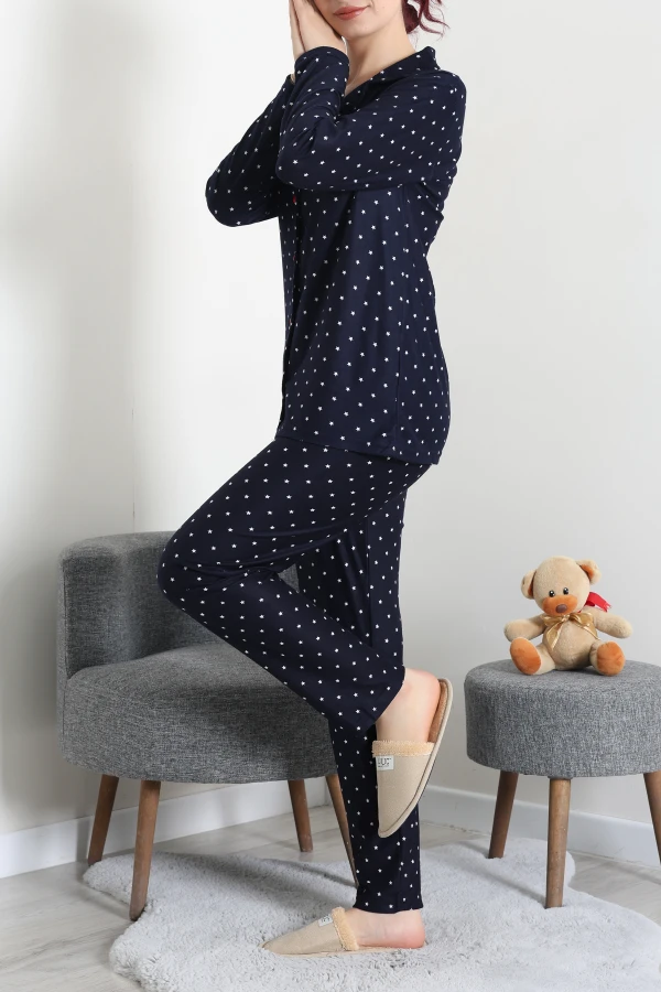 Kadın Lacivert Yıldız Desenli Süet Düğmeli Pijama Takımı 5