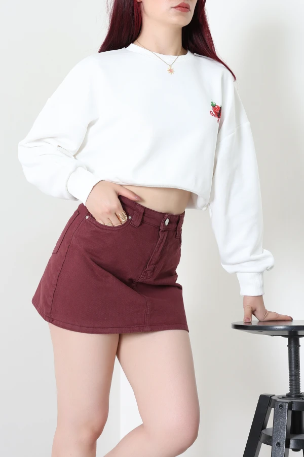 Quzu Çilek Baskılı Sweatshirt Beyaz 5