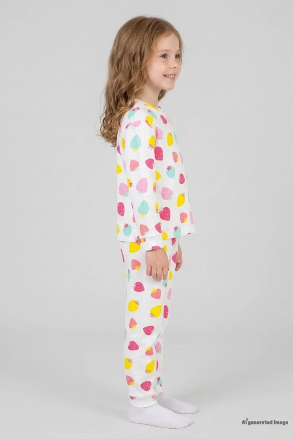 Çocuk Beyazpembe Pamuklu Rahat Kalıp Kız Pijama Takımı 2