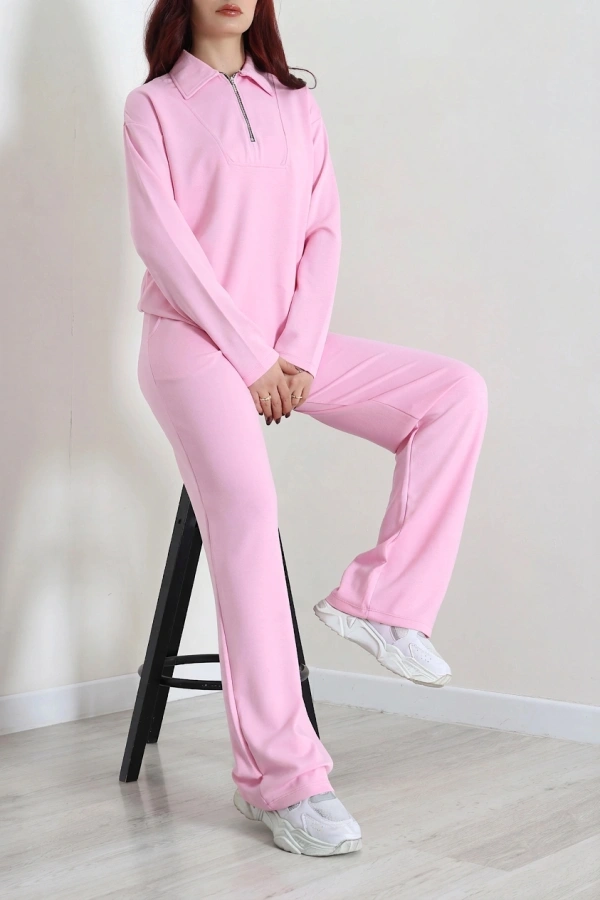 Kadın Pembe Modal Polo Yaka Yarım Fermuar Takım 3