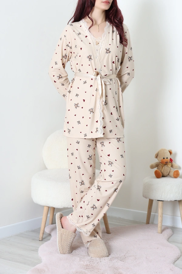 Süet 3'Lü Pijama Set Vizon 5