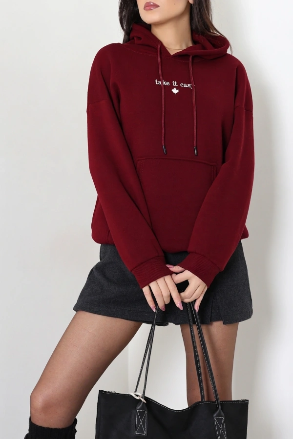 Kadın Bordo Üç İplik Kapüşonlu Nakışlı Sweatshirt 6