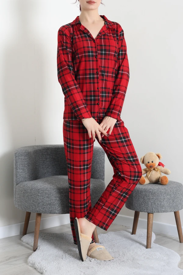 Kadın Kırmızı Ekose Süet Düğmeli Pijama Takımı 2