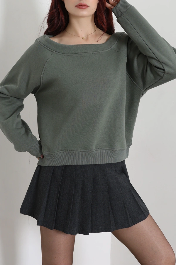 Kadın Haki Kayık Yaka 3 İplik Şardonlu Sweatshirt Tunik 2