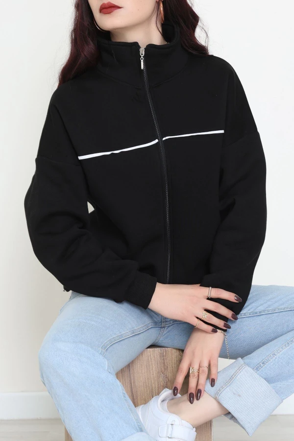 3 İplik Kompakt Oversize Biye Detaylı Sweat Siyah 2