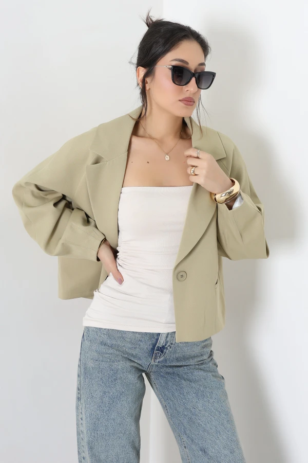 Tek Düğme Balon Kol Blazer Ceket Açıkhaki 5