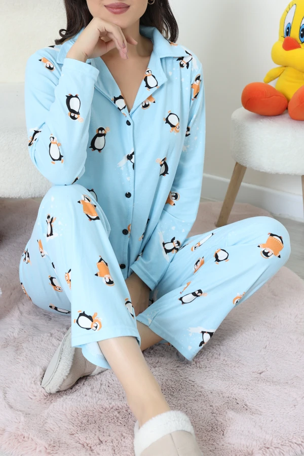 Süet Düğmeli Pijama Takımı Açıkmavi 8