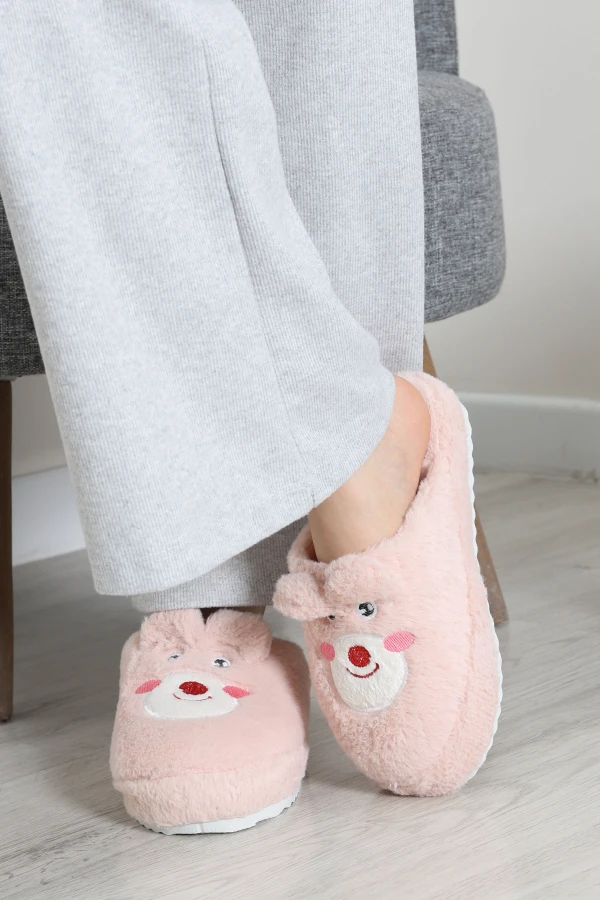 Peluş Desenli Kadın Ev Terliği Pembe 2