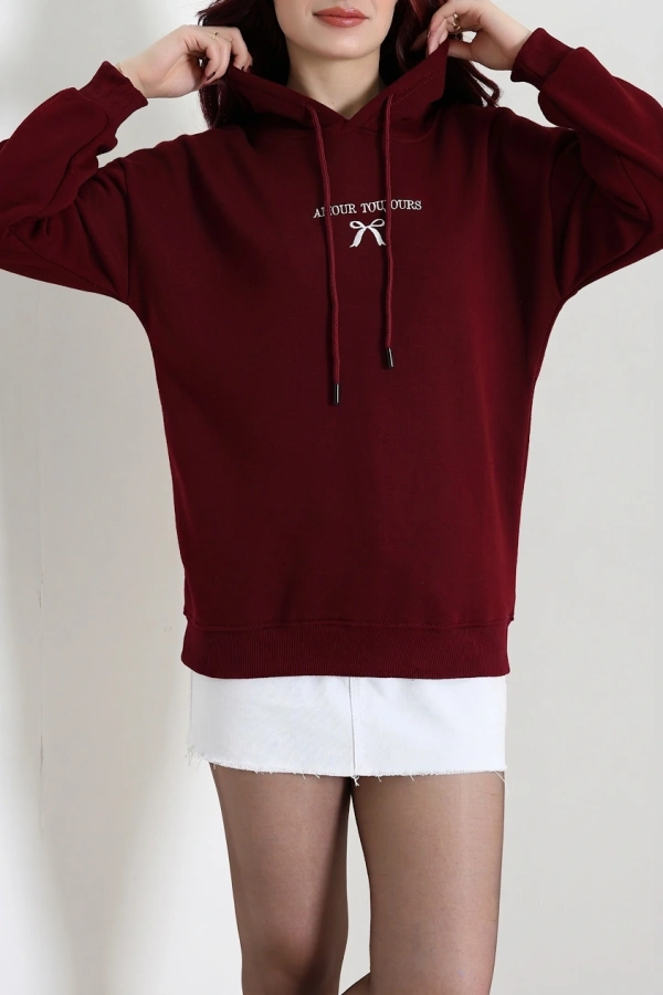 Kadın Bordo Üç İplik Kapüşonlu Nakışlı Sweatshirt 4