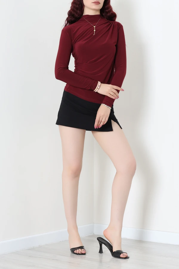 Drapeli Dik Yaka Sandy Bluz Bordo 4