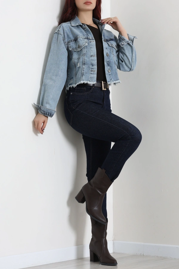 Kadın Buz Mavi Crop Kot Ceket Oversize Fitli 6
