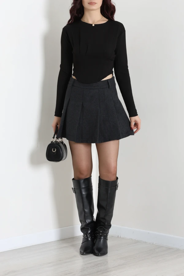 Pileli Modal Crop Bluz Siyah 5
