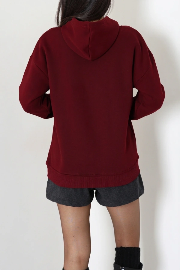 Kadın Bordo Üç İplik Kapüşonlu Baskılı Sweat 8