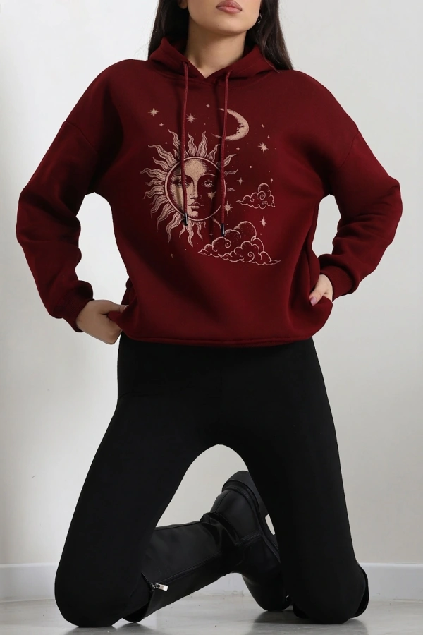 Kadın Bordo Üç İplik Kapüşonlu Baskılı Sweat Tunik 2