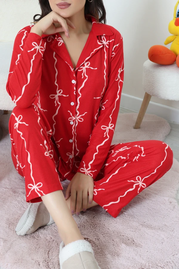 Süet Düğmeli Pijama Takımı Kırmızı 3