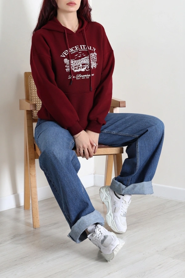 Kapşonlu Baskılı Sweat Bordo 4