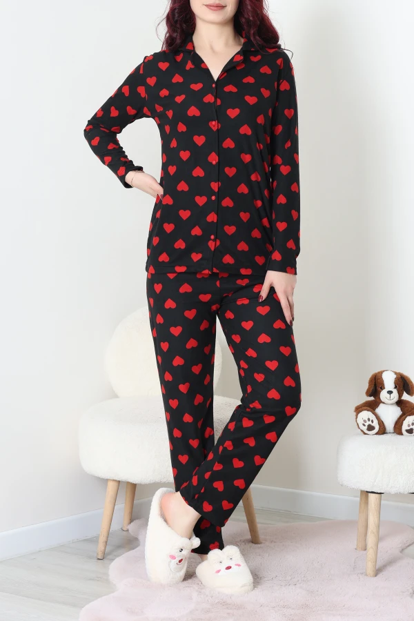 Süet Düğmeli Pijama Takım Siyahkalpli 4