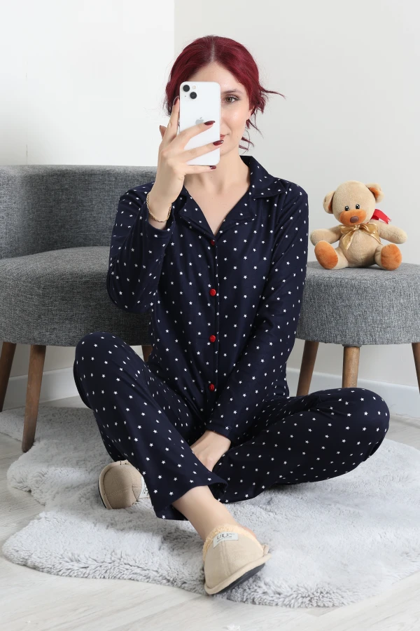 Kadın Lacivert Yıldız Desenli Süet Düğmeli Pijama Takımı 6