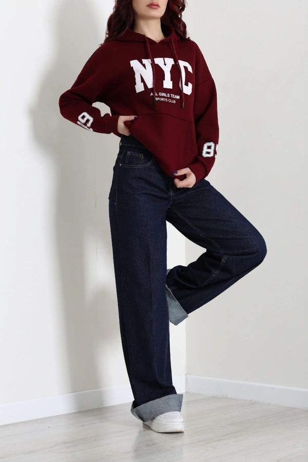Kadın Bordo Kapüşonlu Baskılı Sweat Tunik 6