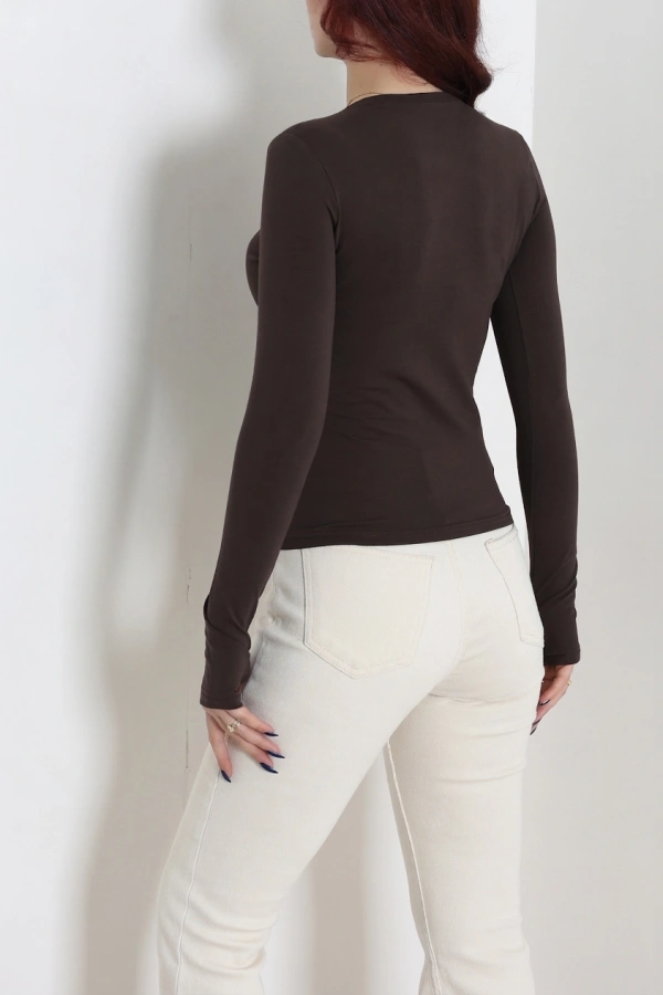 Kadın Acıkahve Likralı Süprem Bisiklet Yaka Parmak Geçmeli Body 7