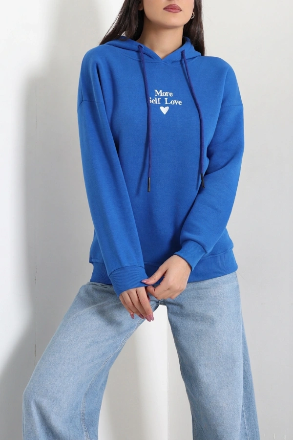 Üç İplik Kapşonlu Naskışlı Sweat Saks 3