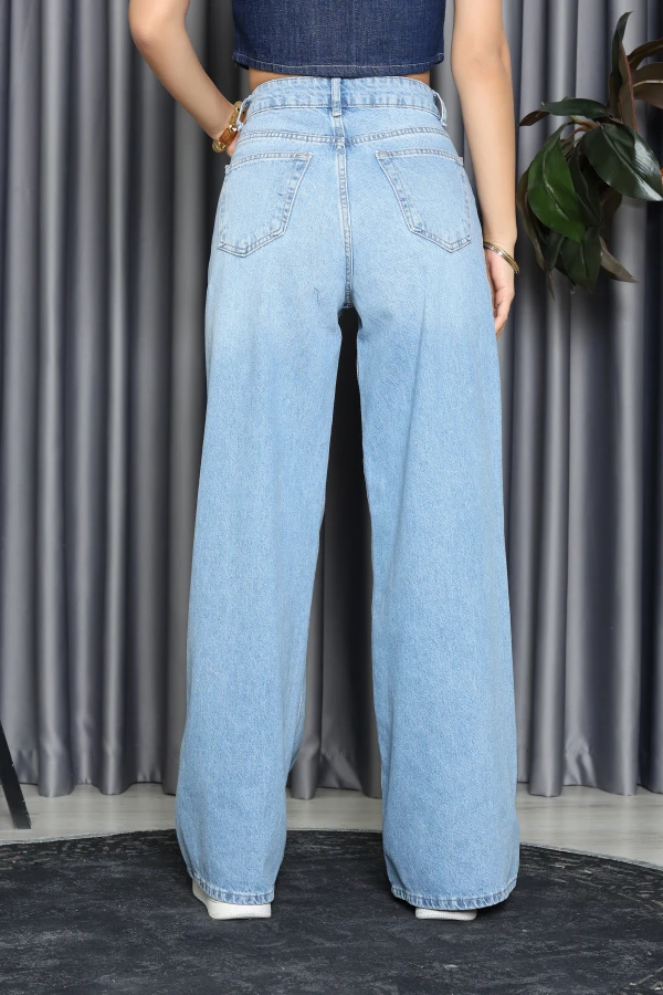 Kadın Mavi Wide Leg Yüksek Bel Kot Pantolon 7