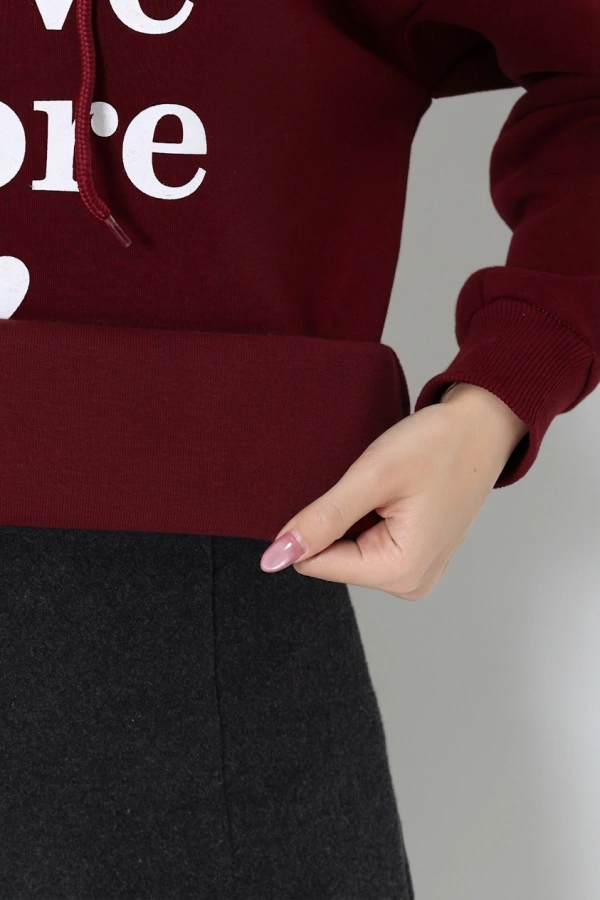 Kadın Bordo Üç İplik Kapüşonlu Baskılı Sweat 7