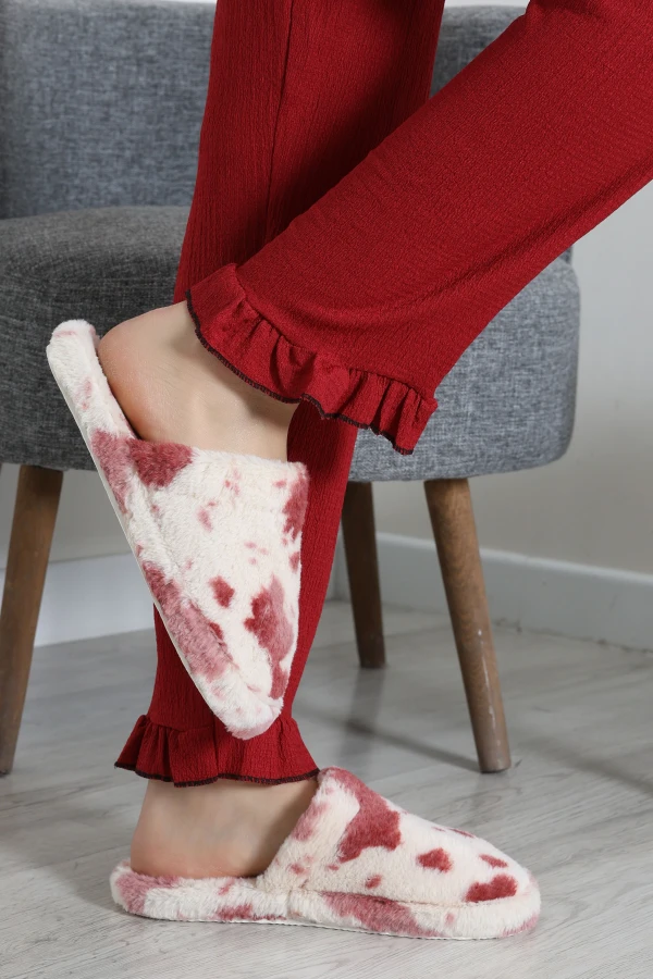 Kadın Bordo Peluş Ev Terliği Sıcak Tutan Kaymaz Taban 2