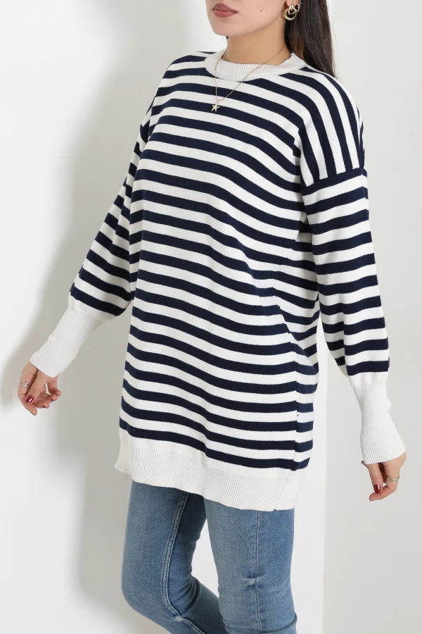 Kadın Ekru Çizgili Oversize Triko Kazak 3