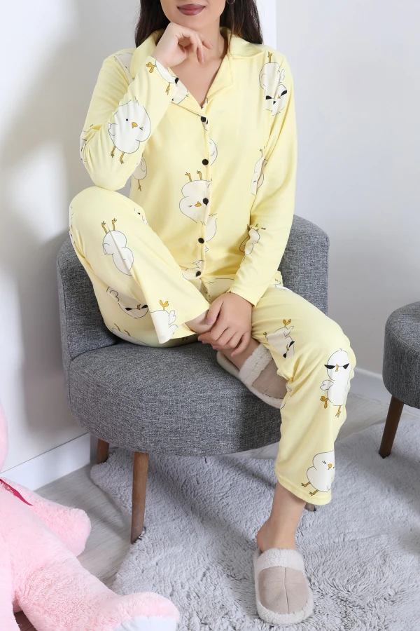 Süet Düğmeli Pijama Takımı Sarı 5