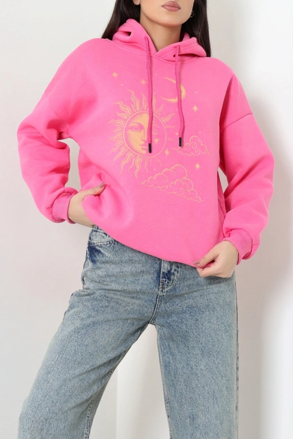 Kadın Pembe Üç İplik Kapüşonlu Baskılı Rahat Kalıp Sweat 3