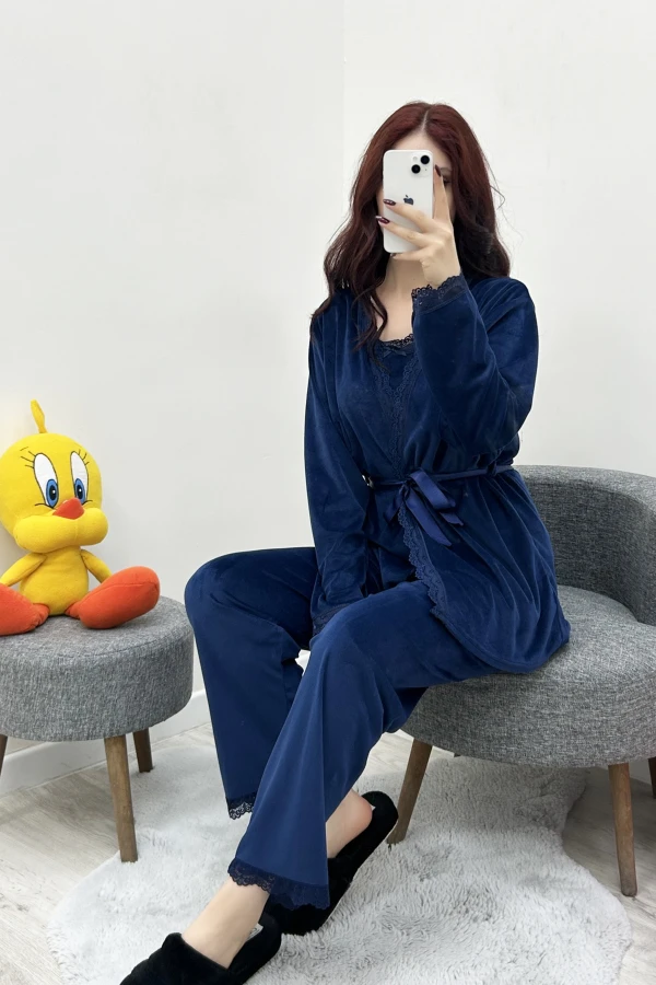 Fransız Kadife 3'Lü Pijama Seti Lacivert 2