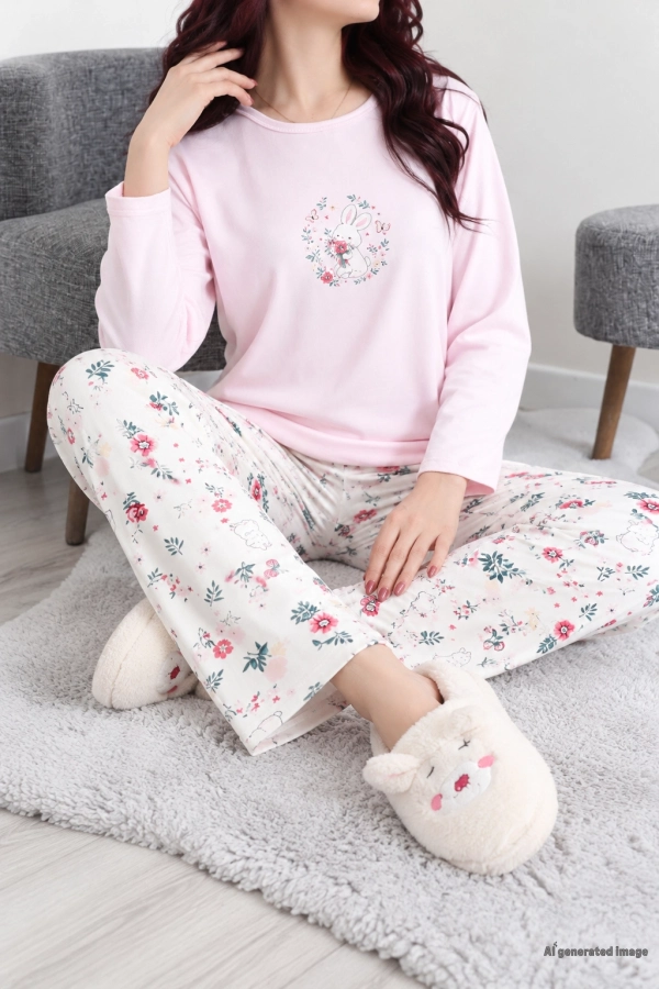 Kadın Pembe Şardonlu Milan Pijama Takımı Rahat Kalıp